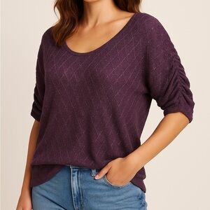 NATION LTD Pointelle Knit Metallic Weave Ruched Sleeve Layering Top